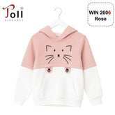 Pink and white hoodie with cat face design on a hanger, brand 'Joll Elegancy' visible.