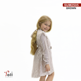 Striped Cotton Girls Dress with Waist Bow & Ruffle Shoulders