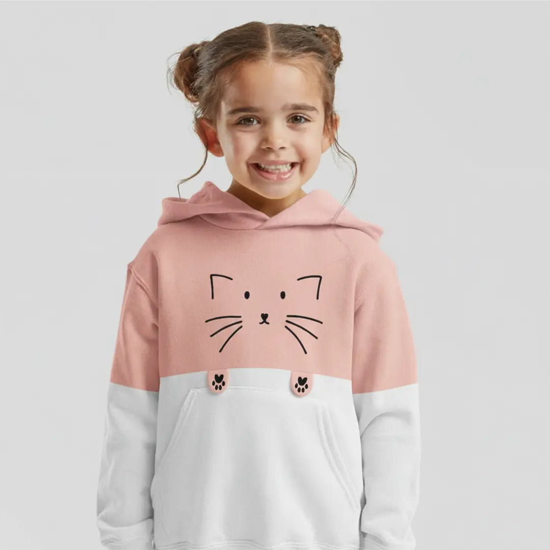 Child wearing a pink and white hoodie with a cat design on a light gray background