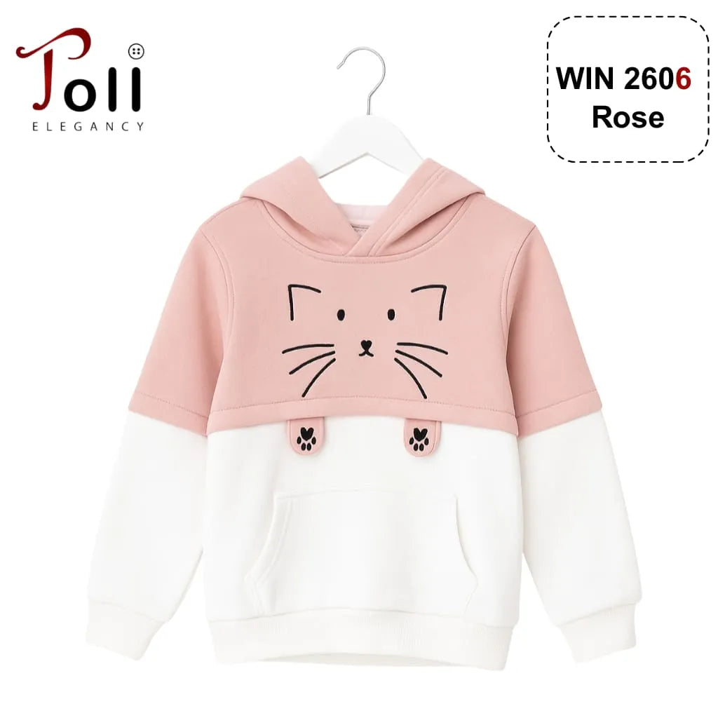 Pink and white hoodie with cat face design on a hanger, brand 'Joll Elegancy' visible.