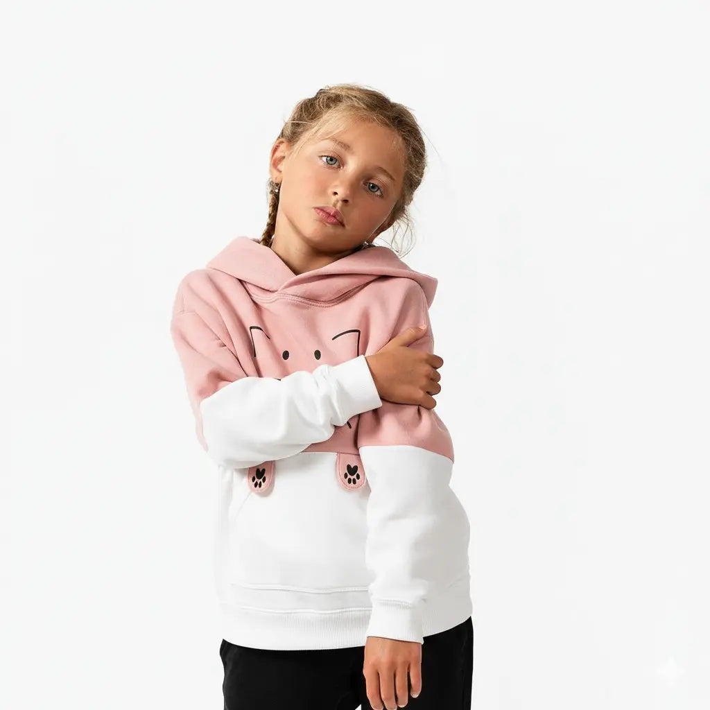 Child wearing a pink and white hoodie with a design on a white background