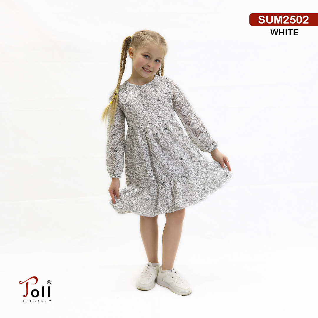 White Lace Girls Dress – Long Sleeve, Lined & Belted