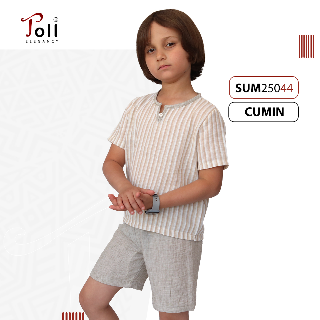 Boys’ Summer Linen Set – Solid & Striped Shirt with Shorts