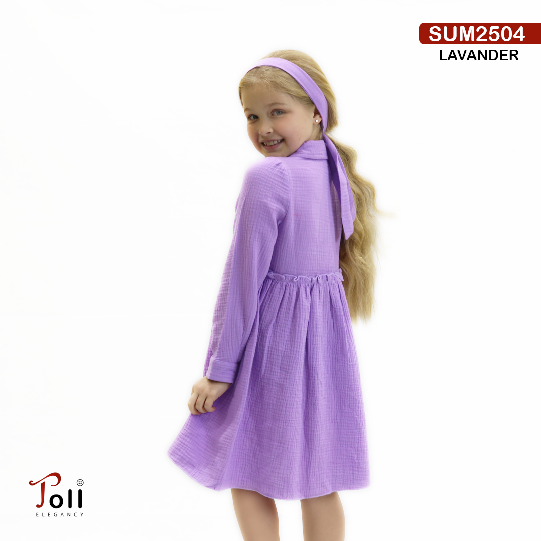 Girls’ Crinkle Cotton Dress with Headband – 3 Colors