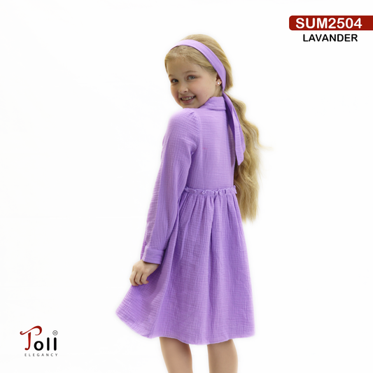 Girls’ Crinkle Cotton Dress with Headband – 3 Colors