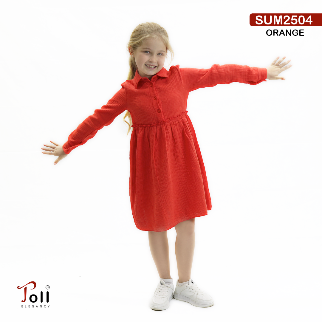 Girls’ Crinkle Cotton Dress with Headband – 3 Colors
