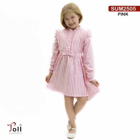 Striped Cotton Girls Dress with Waist Bow & Ruffle Shoulders