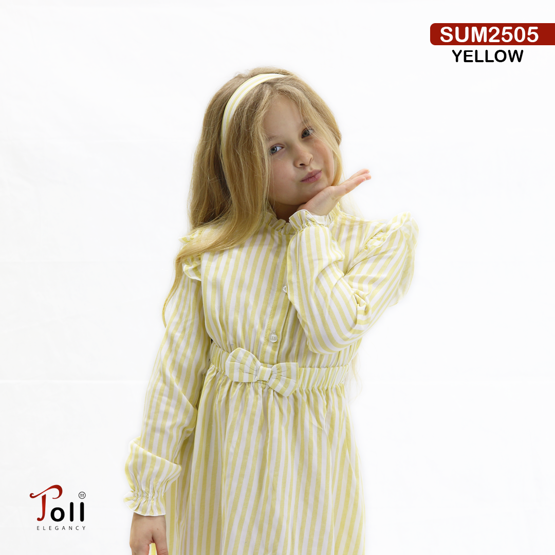 Striped Cotton Girls Dress with Waist Bow & Ruffle Shoulders