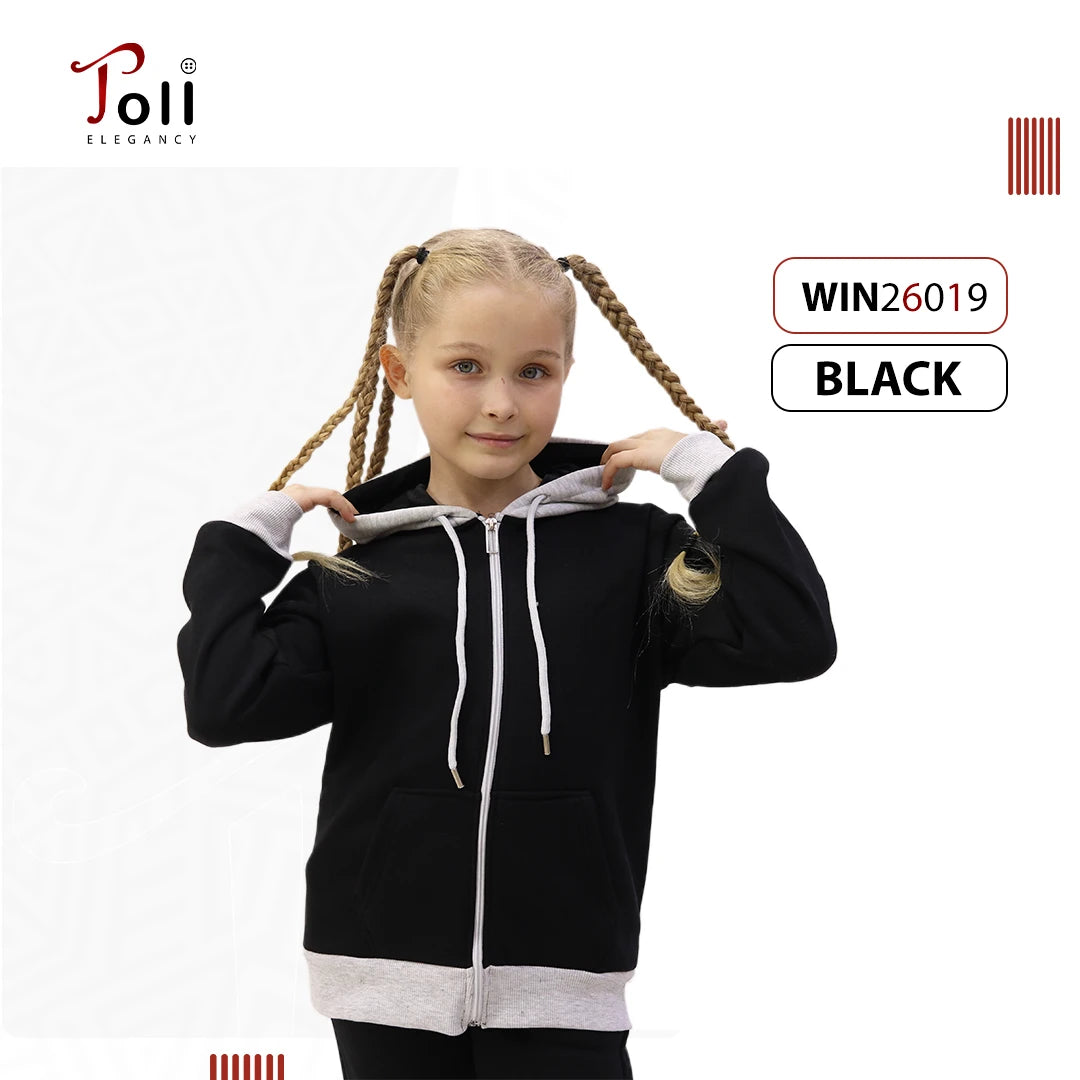 هودي أطفال يونيسكس بسوستة مبطن فرو ناعم باللون الأسود