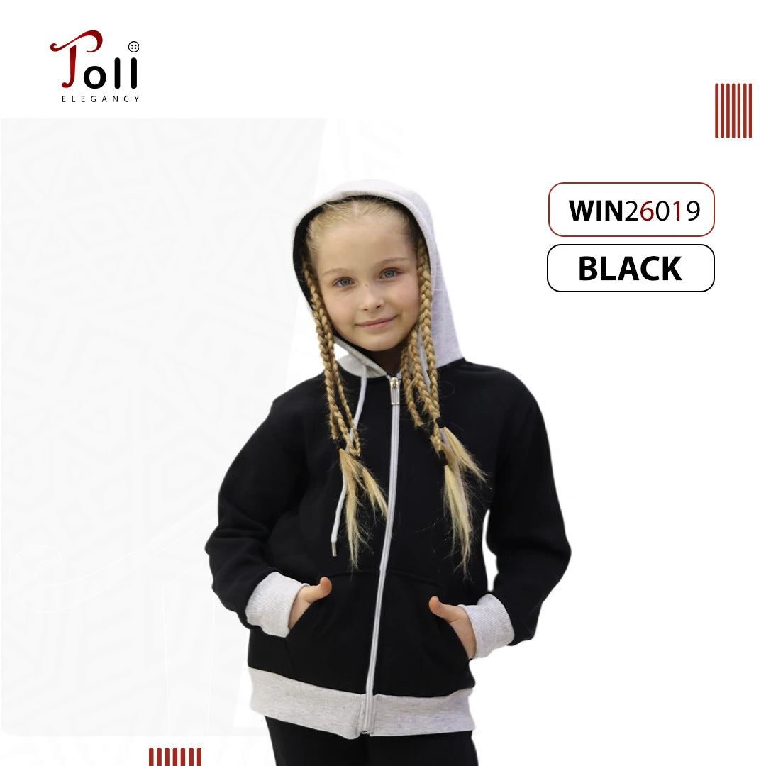 هودي أطفال يونيسكس بسوستة مبطن فرو ناعم باللون الأسود