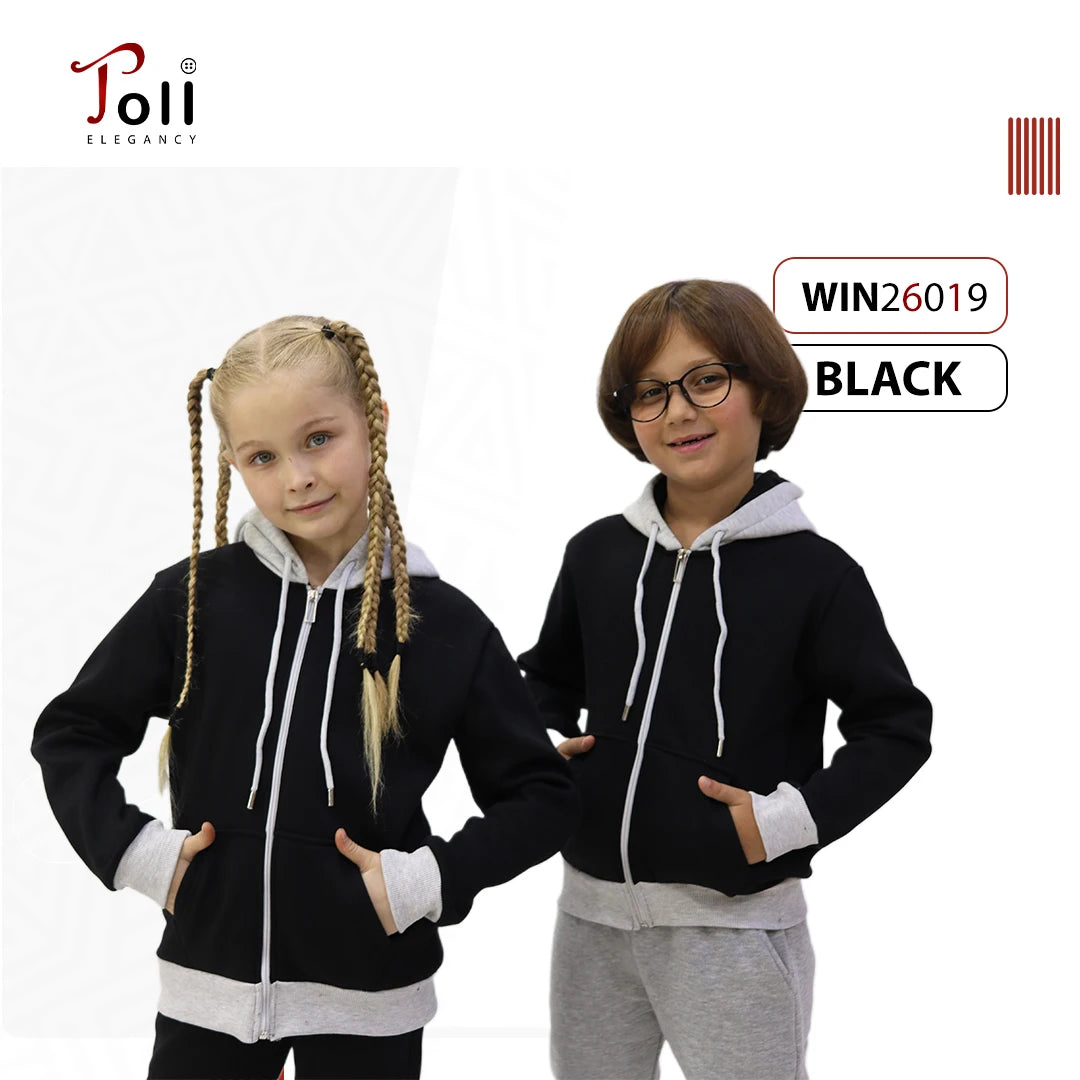 هودي أطفال يونيسكس بسوستة مبطن فرو ناعم باللون الأسود